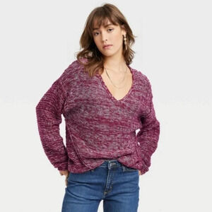 V-Neck Chunky Knit Sweater Raspberry Red Medium Cabincore